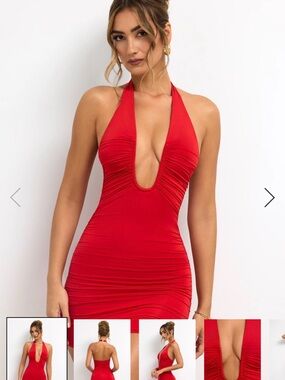 Oh Polly Sofija Red Halter Plunge Ruched Mini Dress